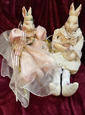 Vtg 21” Sitting Victorian Rabbit Couple Figure Porcelain Head Hands Fabric Body picture