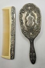 Vintage Hair Brush Comb Silver Plate Embossed 