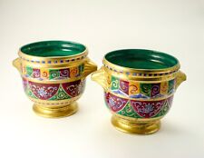 LIMOGES FRANCE DECORATIVE PORCELAIN EGG CUPS SET OF TWO RED, GREEN, GOLD  picture