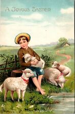 Easter Postcard Boy Sitting By a Pond and Field with Lambs picture