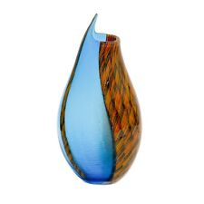 Afro Celotto Murano Art Glass 16.5 inch tall Vase Blue Orange Textured picture