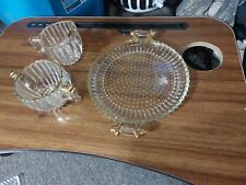 Vintage Jeannette Clear Bubble Glass Gold Edge Creamer & Sugar Bowl W/Tray 1940 picture
