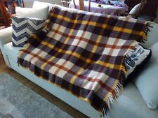 Vintage Wool o' the West Throw Blanket Fringed 100% Wool Browns Gold Ivory Plaid picture