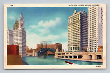 c1934 Linen Postcard Chicago IL Michigan Avenue Bridge Drawbridge Art Colortone picture