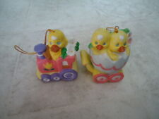 Set of 2 Ceramic Easter Chick & Flower Train Bell Ornament 3” X 2” X 1 ¾” Ea picture