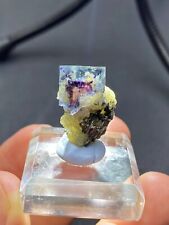 Unique natural purple core transparent blue cube fluorite crystal coated bismuth picture