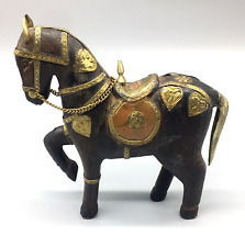 Vtg Hand Carved Wood Horse Figurine Brass Copper India Made picture