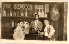 Three Men Posing Saloon Backdrop RPPC Real Photo Postcard c1930s picture
