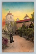 Padre Admiring The Mission Garden, Bell Tower, California c1937 Vintage Postcard picture
