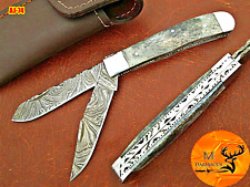 HANDMADE FORGED DAMASCUS STEEL TRAPPER FOLDING POCKET KNIFE CAMEL BONE HANDLE 74 picture