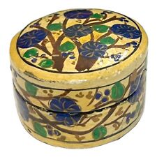 Vintage Paper Mache Round Trinket Jewelry Box Hand Painted Floral Lacquer Finish picture