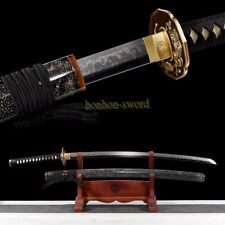 T10 Clay Temper Katana Japanese Samurai Hitatsura Sword Full Black Rayskin Saya picture