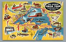 Lake Superior Circle Tour,  Michigan - Canada Map Chrome Vintage Postcard Posted picture