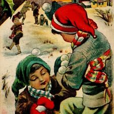 Antique Christmas Greetings Postcard Big Throwing Snowball Fight Kids Boys 6602 picture