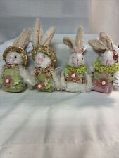 Set of Four Easter Bunnies Shabby Chic Chenille & Cloth Ornaments 5” Tall NWT picture