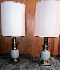 RARE Pair of Stiffel green torchiere ostrich egg lamps. ORIGINAL SHADES picture