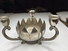 Vintage Silver Plate Lotus Bowl Flower 3 Taper Candle Holder Centerpiece 5”Retro picture
