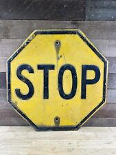 Vintage Heavy Metal Embossed Black On Yellow Stop Sign picture