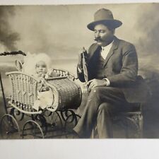 Antique Photo Post Card RPPC Silver Gelatin Photo Man w/baby Carriage Fur picture