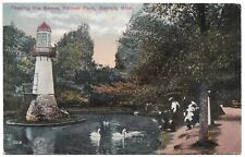 Detroit Michigan MI Palmer Park Feeding the Swans Lighthouse Vintage Postcard picture