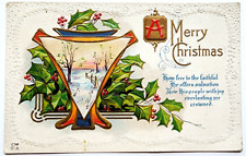 Postcard Christmas Merry How Free To The Faithful Holly Art Nouveau Gold 1913 picture