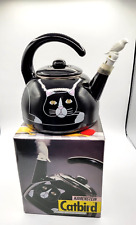 VINTAGE Kamenstein Black Cat bird Metal Tea Kettle W/White Bird Whistle New picture