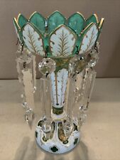 VINTAGE ANTIQUE BOHEMIAN MOSER Green OVERLAY CUT GLASS MANTLE LUSTERS PRISMS picture
