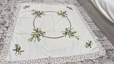 Vintage 1950s Hand Embroidered Crochet Linen Blend Christmas Tablecloth 51”x49”h picture