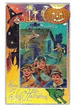 c1912 Nash Halloween Postcard Boys Scared, Witch Donkey, Green Cat picture