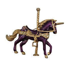 Vintage 1990s Unicorn Carousel Horse Pin Brooch Purple Gold Enamel picture