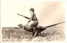 Novelty Woman Hunting Riding Pheasant Real Photo RPPC Vtg Antique Postcard picture