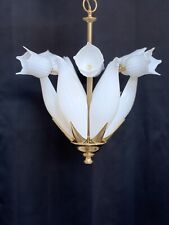 MURANO White Italian Chandelier Striated Tulip Calla Lily Bouquet Brass picture