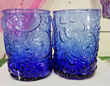 Vintage Ombre Cobalt Blue Raised Fruit Tumbler Drinking Glasses Set of Two picture