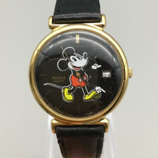 Vtg Pulsar Mickey Mouse Watch Unisex 33mm Gold Tone Date Leather New Battery picture