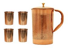 Handmade Embossed Copper Water Jug Pitcher 4 Drinking Tumbler Glass Healthy Life picture