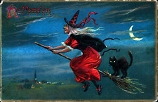 Tuck's Halloween Postcard Witch flies on broom with black cat crescent moon picture