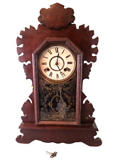 Antique 1800's WATERBURY Dark Oak Victorian Gingerbread Shelf Mantel Clock RUNS picture