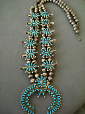 1930s Native American Turquoise Cluster Sterling Silver Squash Blossom Necklace picture
