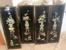 Vintage Oriental Black Lacquer and Mother -of- Pearl  2 Panels – Birds Perched o picture