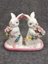 Vintage 2 Bunny Rabbits Holding Capodimonte Porcelain Flowers Pastel With Tray  picture