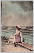 Woman Sitting by the Sea-Antique German Postcard Early 1900s-Rare Art picture