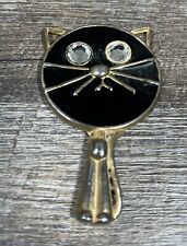 Vintage Black & gold  mini Cat Hand Mirror crown symbol on handle rare picture