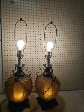 Pair of Vintage Retro Chain Decor Amber Lantern Table Desk Lamp Tested & Works picture