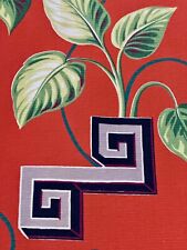 1940's  True RED Leafy Hawaiian Greek Key Island Life Barkcloth Vintage Fabric picture