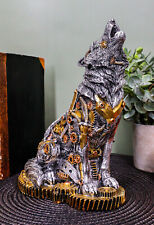 Ebros Steampunk Silver Alpha Wolf Howling Statue with Gears Base 7.5