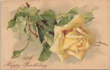 Artist-Signed PC Klein Happy Birthday Yellow Rose Flower early 1900s picture