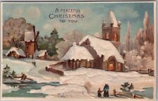 Vintage 1909 PEACEFUL CHRISTMAS Embossed Postcard Church Scene / Real Cloth Snow picture