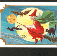 CRAZY = Flying Cat  ©1909 Owl Bat M.W. Taggart 804 Halloween Witch JOL PostCard picture