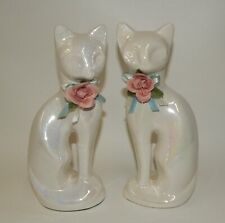 Pair Vintage Mid Century Iridiscent White Siamese Cats with Roses picture