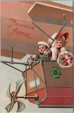 Vintage 1900s PFB Embossed 9067 / French New Year Postcard Boy & Girl / AIRPLANE picture
